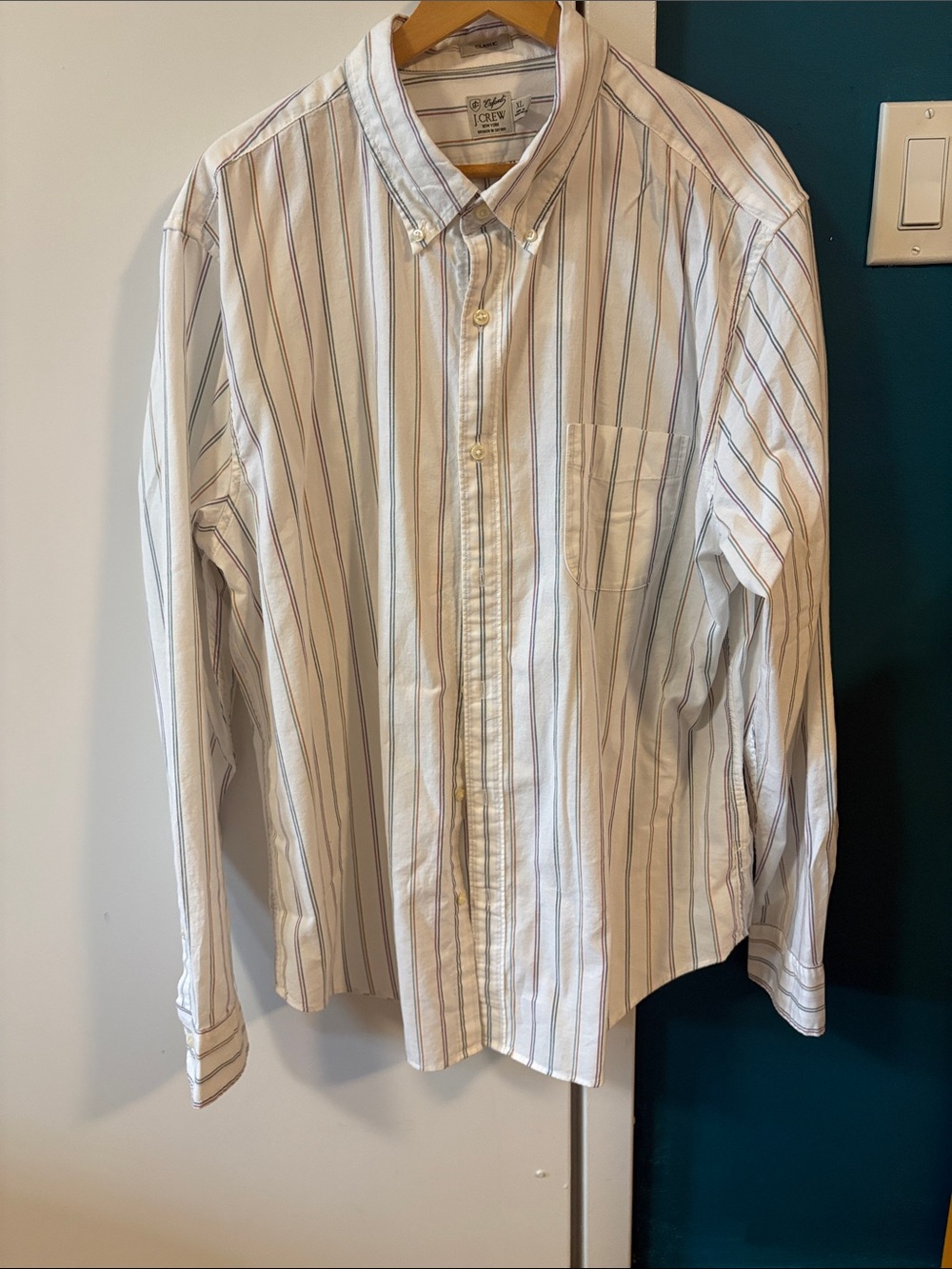 J. Crew White Button-Down Shirt with Blue and Tan Stripes